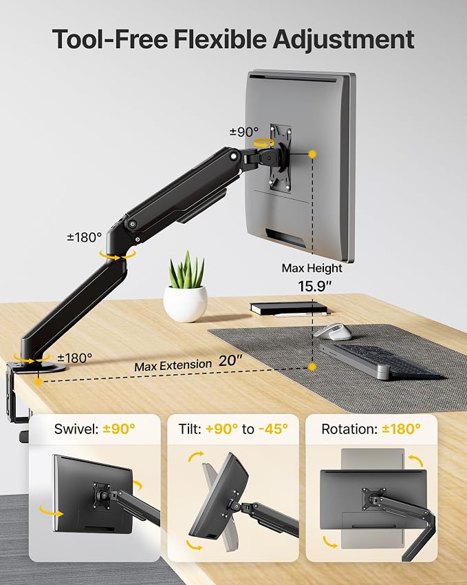 monTEK Single Monitor Arm Mount for 17-32 Inch Screens, Heavy Duty Steel Mechanical Spring Desk Monitor Stand, Full Motion Adjustable Monitor Arm with Clamp & Grommet, VESA 75/100, Holds up to 20lbs - Image 3