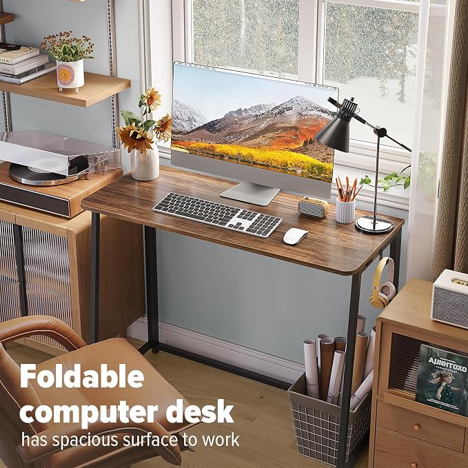 WOHOMO Folding Desk, 39.4" Foldable Computer Table for Small Spaces, Walnut | Easy Assembly and Fold, Sturdy Home office desks for Study Bedroom Dorm Space Saving Writing Work Apartment - Image 3