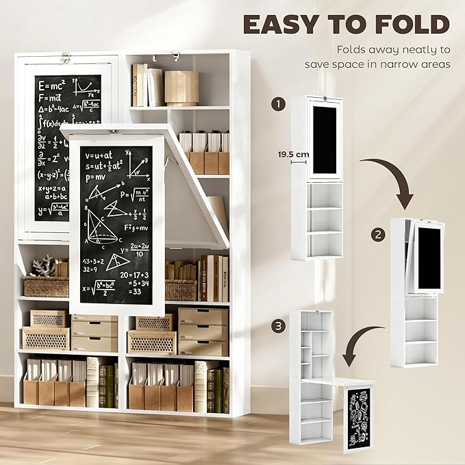 HOMCOM Foldable Convertible Writing Table Space-Saving Computer Desk White | Wall Mounted Design, Chalkboard, Storage Shelves, for Small Spaces, Home Office, Bedroom, Dorm, Apartment - Image 4