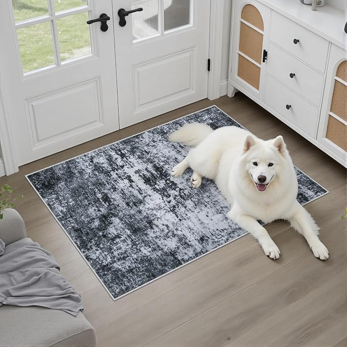 Washable Area Rug 2x3 Entryway Rug: Washable Modern Abstract Soft Thin Rug Indoor Floor No Slip Stain Resistant Carpet for Bedroom Dining Room Farmhouse Nursery Home Office - Black - Image 2