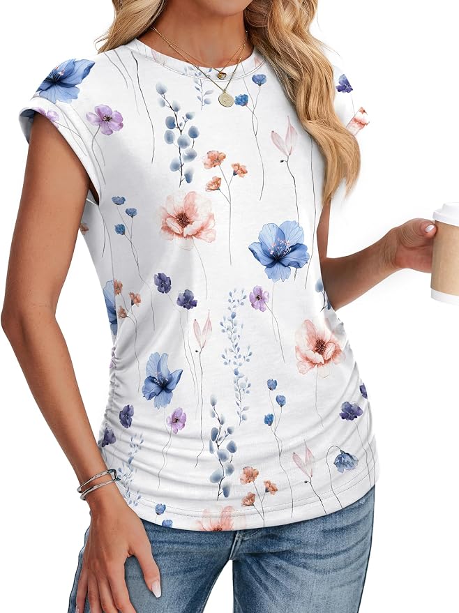 Sampeel Womens Summer Tops Trendy 2026 Ruched Cap Short Sleeve Tshirts Shirts Crew Neck T Shirts Fashion - Image 3
