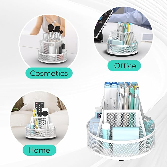 YINGHUA Metal Mesh Desk Organizer with 5 Compartments and Rotating Pencil Holder Pen and Stationery Organizer for Office Home School Anti Slip Base White - Image 5
