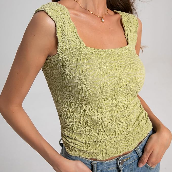 Women's Square Neck Wide Strap Crop Tank Tops Flower Going Out Tops Slim Fit Lettuce Trim Crop Cami Tops - Image 3