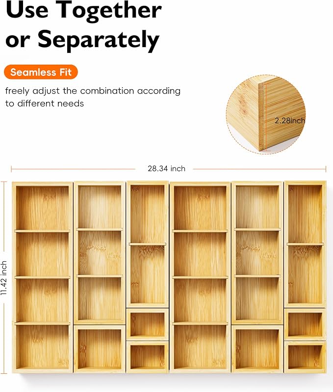 12-Piece Bamboo Desk Drawer Organizer Set – Adjustable Storage Boxes with 24 Compartments, Non-Slip, Modular Design for Office, Jewelry, Vanity, and Kitchen Utensil Drawer Storage - Image 2