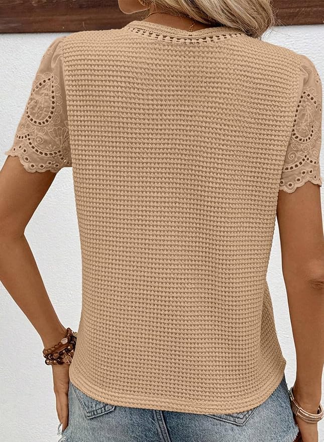 SHEWIN Womens Frenchy Summer Tops Crewneck Short Sleeve T Shirts Casual Waffle Knit Jacquard Blouses Top Shirts - Image 3