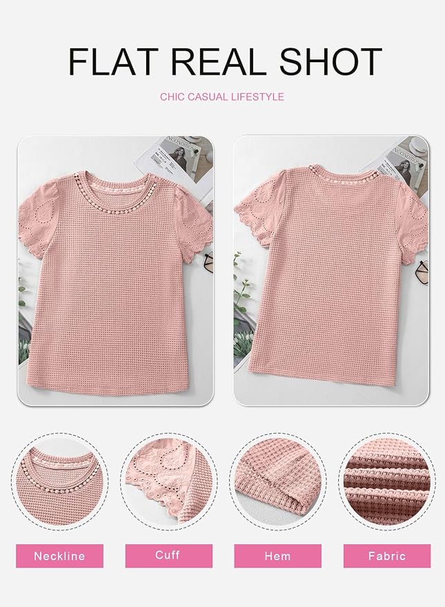 SHEWIN Womens Frenchy Summer Tops Crewneck Short Sleeve T Shirts Casual Waffle Knit Jacquard Blouses Top Shirts - Image 8