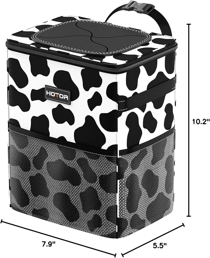 HOTOR Car Trash Can with Lid and Storage Pockets - 100% Leak-Proof Organizer, Waterproof Garbage Can, Multipurpose Trash Bin for Car, 2 Gallons, Cow - Image 2
