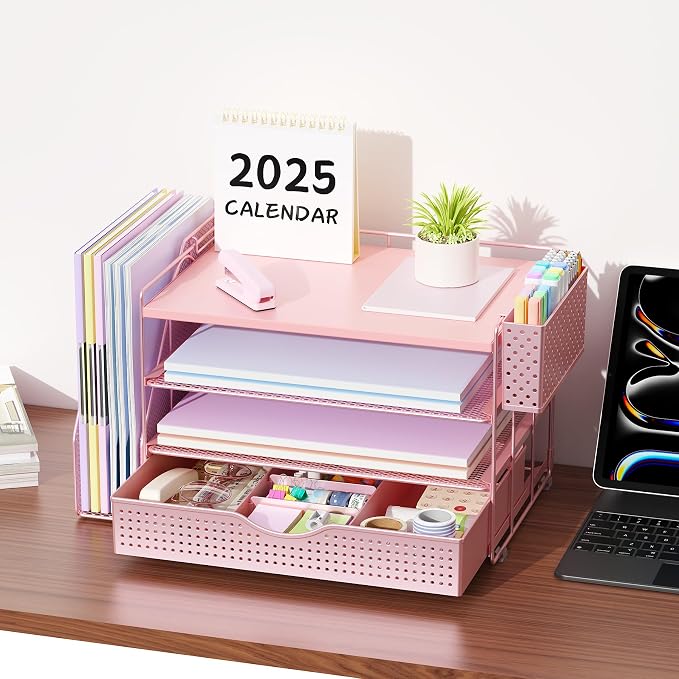 gianotter Wood Desk Organizers and Accessories with File Holder, 4-Tier Desk Accessories & Workspace Organizers with Drawer and Pen Holder, Desk Reference Organizer (Pink, 4T with Drawer) - Image 5
