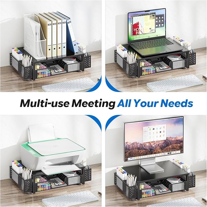 Simple Trending Metal Monitor Stand Riser, Drawer & 2 Pen Holders, Black | 2-in-1 Desk Organizer & Monitor Stand | Sturdy Metal | Ergonomic Support | Space Saving | Easy Setup - Image 7