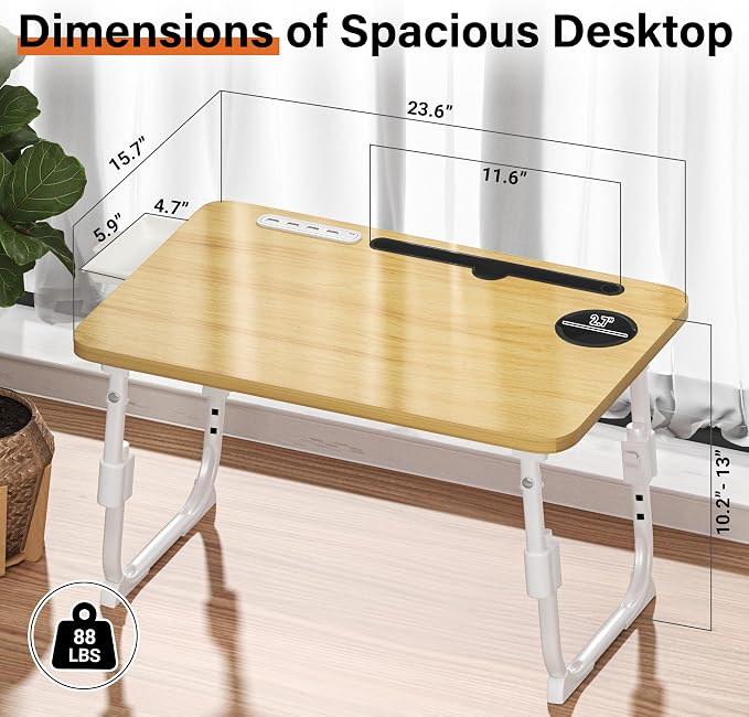 Lap Desk for Bed, Adjustable Laptop Desk with USB Charging Port, Storage Drawer & Bookshelf — Foldable Bed Desk for WFH & Students, 23.6" Desktop Fits 22" Laptop, Non-Slip, Wood - Image 4