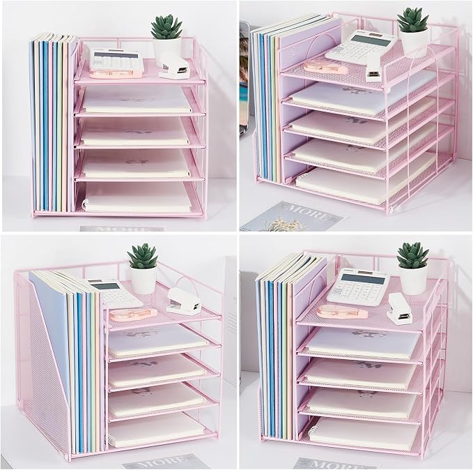 LEKETREE Desk Organizers and Accessories, 5-Tier Paper Letter Tray Organizer with File Holder, Desktop Organizer for Office Supplies (Pink) - Image 4