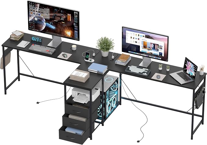 YOSHOOT 2 Person Computer Desk, 87" Long Gaming Desk for 2 People | Double Desk with 3 Fabric Drawers and 2 Power Outlets, Home Office Table for Adults and Teenagers, Black by YOSHOOT