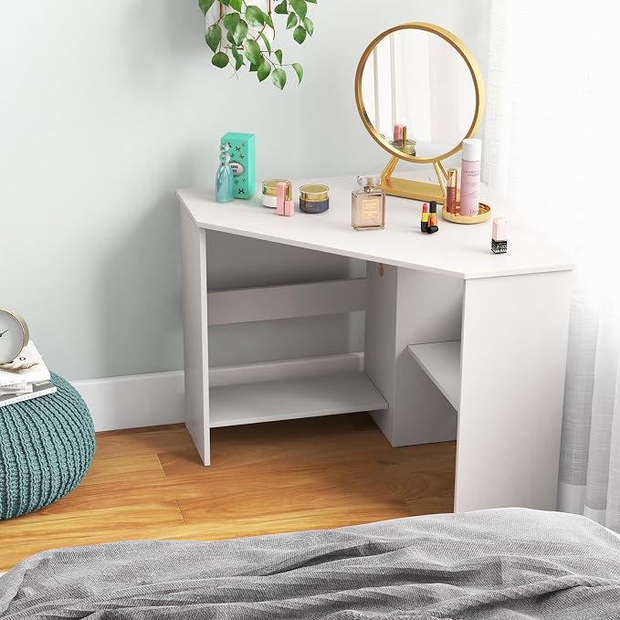 GOFLAME Corner Desk with Storage Shelves, Triangular Computer Desk with Cable Management Holes, Laptop Workstation for Small Space, Makeup Vanity Desk for Living Room, Study, White - Image 4