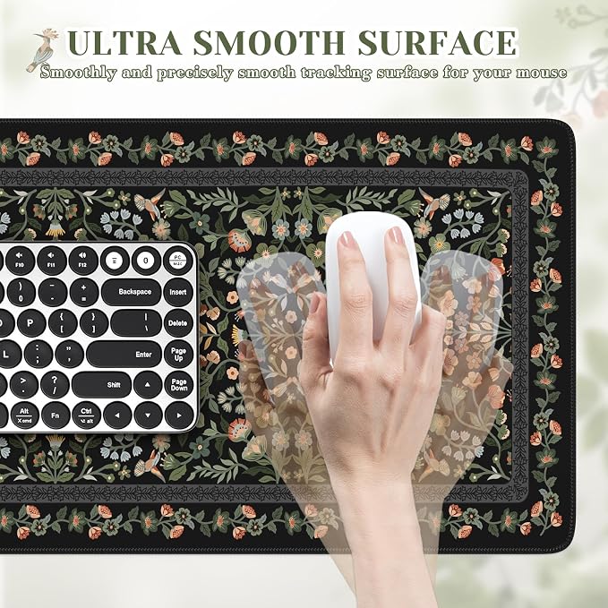 iCasso Aesthetic Floral Desk Mat,Retro Mouse Pads,31.5x11.8in, Black | Anti-Slip Mousepad with Stitched Edges, Waterproof Computer Pad, Desk Accessories Office Decor for Women - Image 3