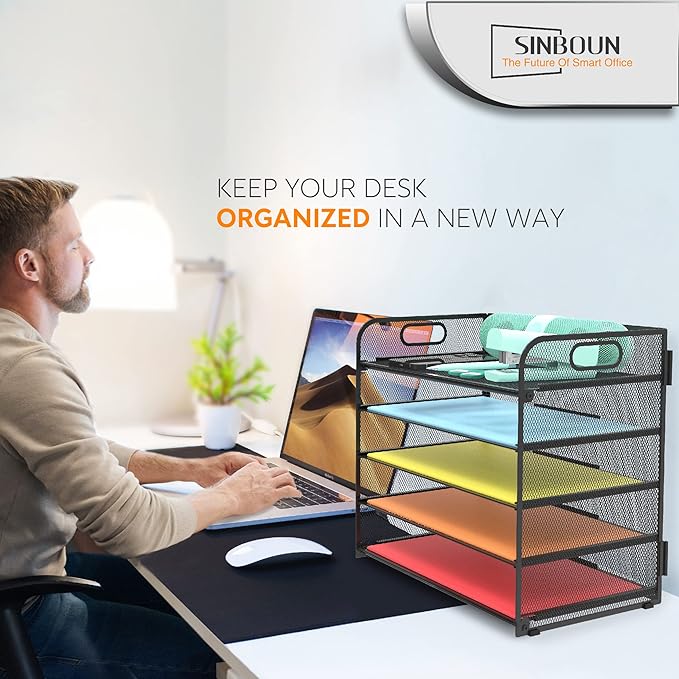 2 Pack Letter Tray 5-Tier Desk Organizer File Paper Holder with Handle, Metal Desktop Document Shelf Tray Office Classroom Organization - Black - Image 6