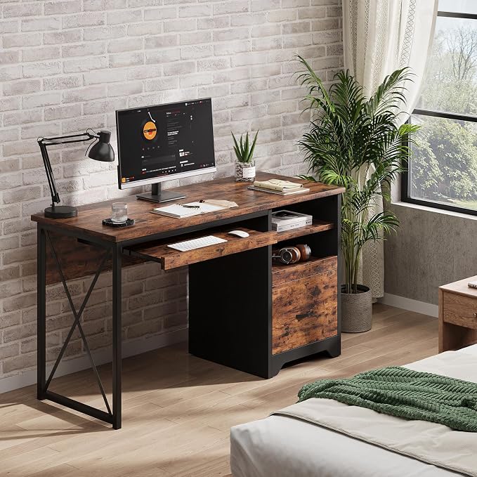 Bestier 47" Computer Desk with Drawers, Home Office Desk with Keyboard Tray, Reversible Industrial Office Desk with Storage Cabinet for Small Space Home Office & Studio, Rustic Brown | Storage Drawer, File Drawer Letter/Legal, Keyboard Tray, Cable Mana... - Image 7