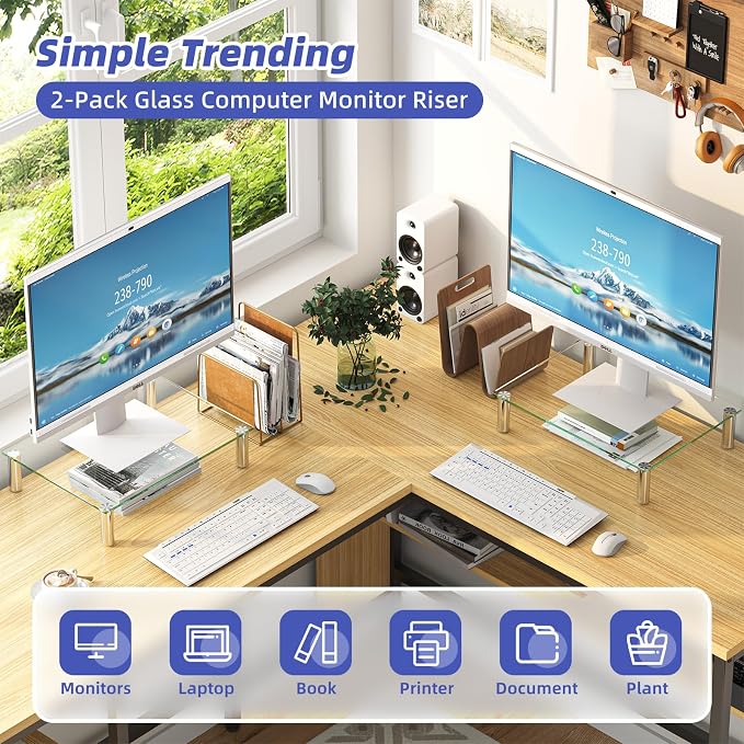 Simple Trending 2-Pack Tempered Glass Monitor Stand, Adjustable, Clear | 14.25"L x 9.5"W, height 3.5"-5", tilt 0-15°. Holds 88 lbs, impact/heat resistant. Stainless steel feet. Easy assembly. - Image 4