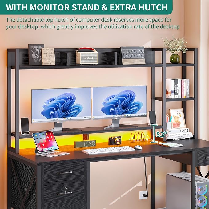 DWVO Computer Desk with Drawers & Hutch, 59.1" Office Desk with Power Outlets & LED Lights, Home Office Desk with Storage Shelves, Black - Image 8
