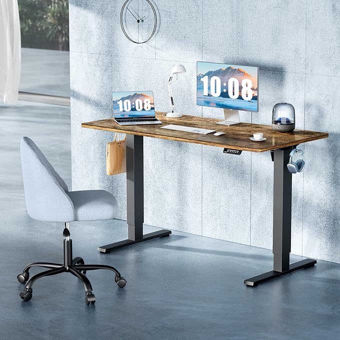 DUMOS 63 Inch Electric Standing Desk, Memory Adjustable Home Office Desk | Sit Stand Up Desk for Work Home Office,Adjustable Desk, Rising Computer Table with Splice Board,Cable Management,Hook,Brown - Image 2