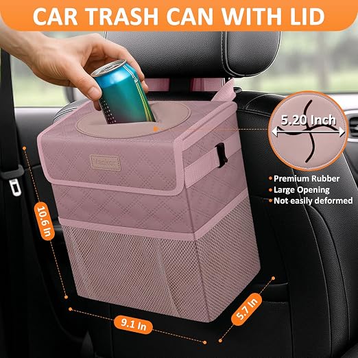 Vankor Car Trash Can Cute Trash Bag Bin Hanging Waterproof Automotive Garbage Cans Leak Proof Vehicle Trash Can Diamond Pattern-Pink - Image 2