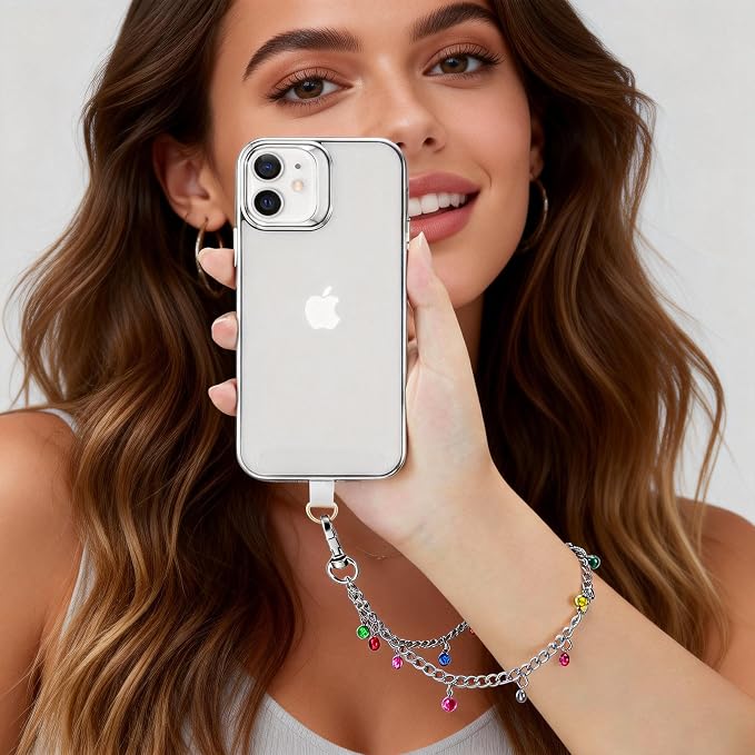 Phone Charm Wrist Strap Silver Metal Chain Detachable Lanyard Hand Wristlet Fashion Shine Finger Grip Anti-drop with 2 Tether Tab for Women Girls Universal for iPhone 16 Pro Max Colorful Gem - Image 2