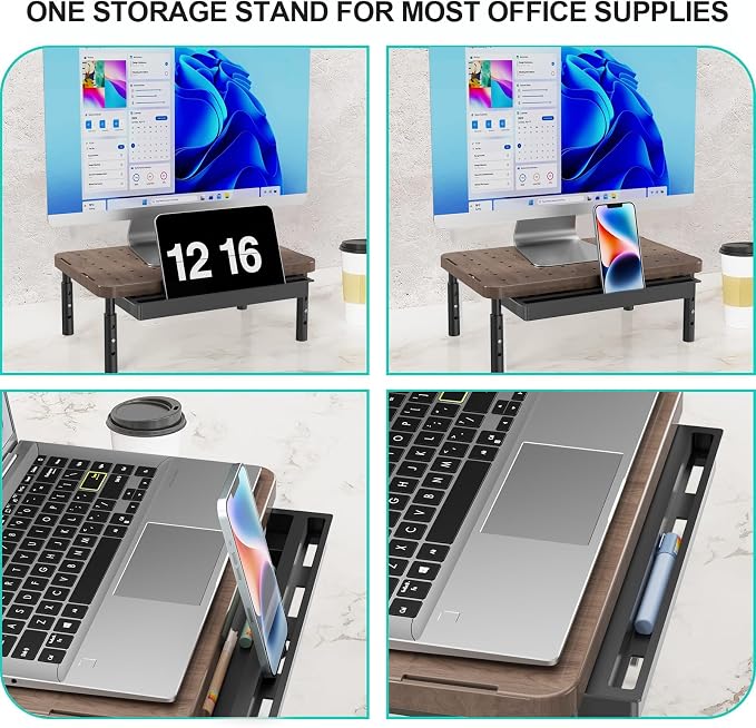 WALI Plastic Computer Monitor Stand with Storage, Desk Monitor Riser 3 Height Adjustable, Laptop Riser with Airflow Vents, Desk Organizer for Computer, Laptop, Printer (PTT002-C), 1 Pack, Brown - Image 6
