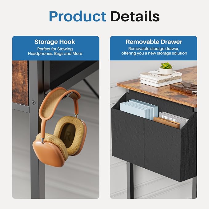 OLIXIS 32 Inch Small Desk, Computer Desk, Fabric Drawers | Side Bag, Headphone Hook, Work Table for Home Office Bedroom, Gaming, Brown - Image 5