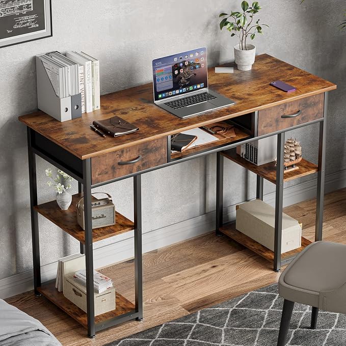OLIXIS Gaming Desk, Computer Desk with Storage, Fabric Drawers, 48 Inch | Home Office for Small Space Bedroom, Study Work Writing PC Table, Compact Rooms, Brown - Image 8