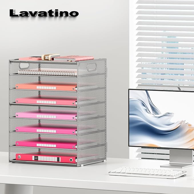 Lavatino 2 Pack 8-Tier Office Desk File Organizer, Letter Tray Paper Organizer with Handle, Including 5 Adjustable Slide Trays for Organizing Desk Workspace Accessories and Supplies (Silver Mesh) - Image 7