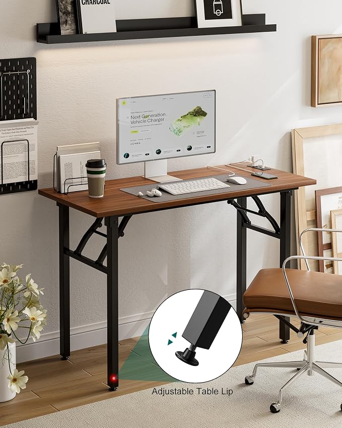 Frylr Small Folding Computer Desk – 43.3 Inch Portable Table for Craft and Study, Lightweight Desk for Small Spaces, Foldable Laptop Table Built-in AC/USB Outlets for Convenience, Dark Walnut - Image 8