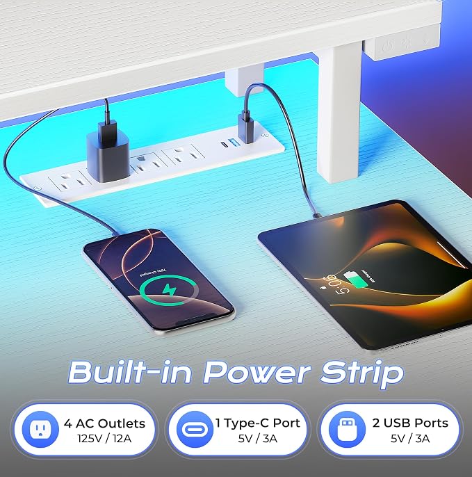 PRAISUN 55 inch Gaming Desk, LED & Power Outlets, Monitor Stand, White | Sturdy PC Desk for Home Office, Study & Work, LED Lights, 4 AC Outlets & USB-C Charging Station - Image 5