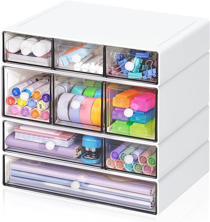 Desk Storage Organizer with 9 Drawers, 4 Tiers Stackable Desktop Craft Storage Drawers, Clear Storage Box Caddy for Stationary Makeup Jewelry Office Craft Supplies (White) by FODIENS