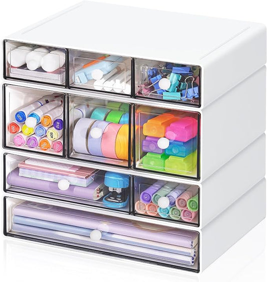 Desk Storage Organizer with 9 Drawers, 4 Tiers Stackable Desktop Craft Storage Drawers, Clear Storage Box Caddy for Stationary Makeup Jewelry Office Craft Supplies (White) by FODIENS