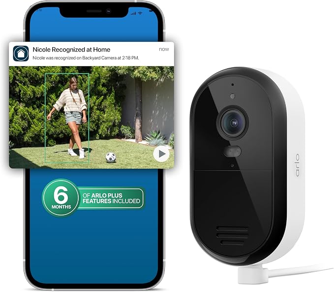 Arlo Essential Security Camera 2K (2025 Release) + 6 Months of Secure Plus Plan - Continuous Wired Plug-in Power Outdoor Camera, Person Recognition, Package Detection, Animated Preview, 1 Cam, White by Unknown