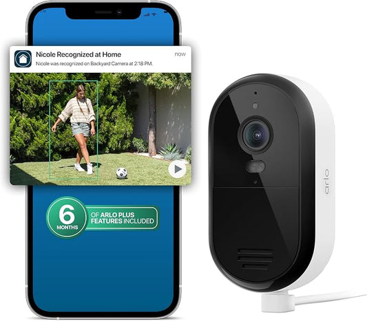 Arlo Essential Security Camera 2K (2025 Release) + 6 Months of Secure Plus Plan - Continuous Wired Plug-in Power Outdoor Camera, Person Recognition, Package Detection, Animated Preview, 1 Cam, White by Unknown