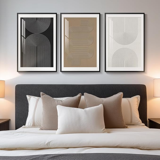 Large Framed Boho Neutral Abstract Wall Art, 3 Piece Modern Art Prints Paintings Artwork for Walls, Minimalist Black White Brown Geometric Pictures for Living Room, Dining Room, Bedroom Wall Decor - Image 4