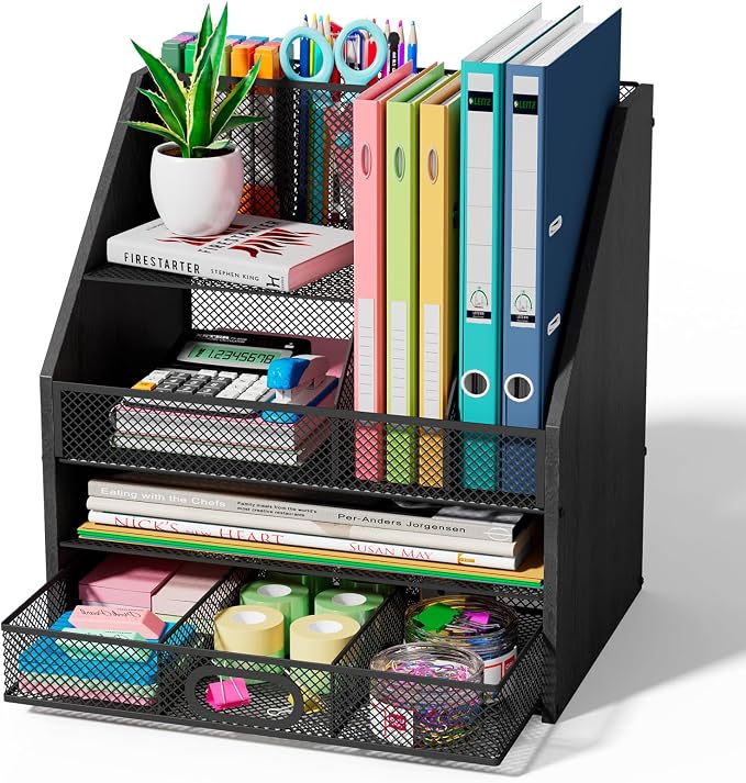 Homsorout Wooden Desk Organizer - Mesh File Organizer with Drawers and Pen Holder - 4-Tier Vertical Paper Letter Storage Tray, Desktop Organizers and Accessories for Home Office (Black by Homsorout