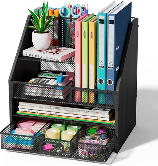 Homsorout Wooden Desk Organizer - Mesh File Organizer with Drawers and Pen Holder - 4-Tier Vertical Paper Letter Storage Tray, Desktop Organizers and Accessories for Home Office (Black by Homsorout