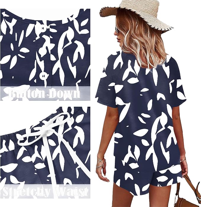 WIHOLL Two Piece Outfits for Women Lounge Sets Button Down Top and Shorts Set Sweatsuits with Pockets - Image 5