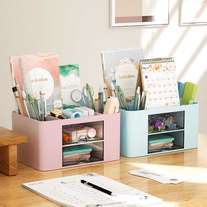 Marbrasse Pen Organizer with 2 Drawer, Multi-Functional Pencil Holder for Desk, Desk Organizers and Accessories with 5 Compartments + Drawer for Office Art Supplies (Pink) - Image 5