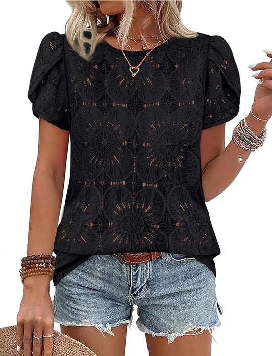 OFEEFAN Blouses for Women Dressy Casual Petal Short Sleeve Shirts Crochet Lace Boho Tops Spring Fashion Summer Outfits by OFEEFAN