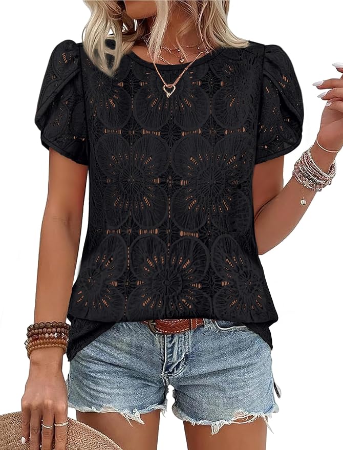 OFEEFAN Blouses for Women Dressy Casual Petal Short Sleeve Shirts Crochet Lace Boho Tops Spring Fashion Summer Outfits by OFEEFAN