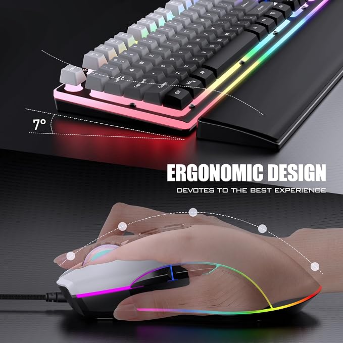 RedThunder K10 Wired Gaming Keyboard, Mouse Wrist Rest Combo, RGB Backlit, Mechanical Feel Anti-ghosting Keyboard + 7D 7200 DPI Mice+Soft Leather Wrist Rest 3 in 1 PC Gamer Accessories(Gradient Gray) - Image 5