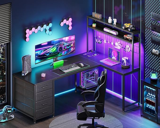 AODK L Shaped Desk Gaming Desk with LED Light & Power Outlet | 59 Inch Black Reversible L Shaped Computer Table with 4 Drawers for Home Office - Image 2