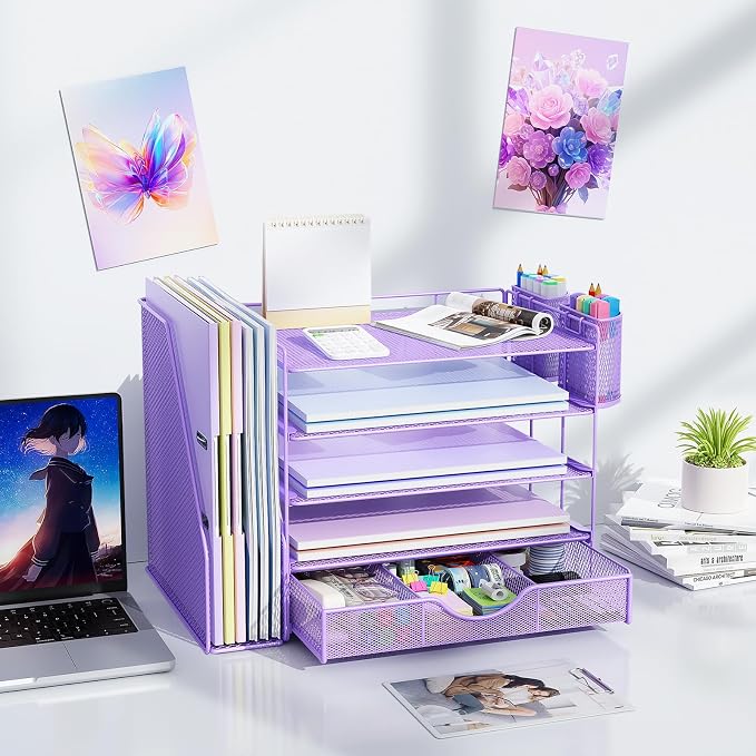 gianotter 5-Tier Desk Organizer with Drawers and File Holders | Letter Trays and Pen Holders - Workspace Accessories for Office Supplies (Light Purple) - Image 6