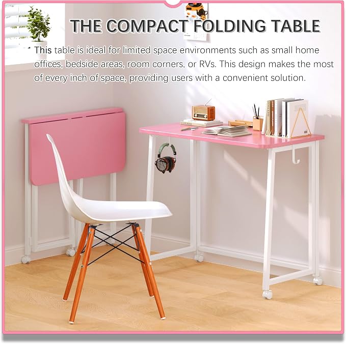 4NM 31.5" Mobile Small Folding Desk, Foldable Rolling Computer Home Office Desk, Study Writing Table for Small Space Saving Bedroom, with Wheels - Pink and White - Image 3