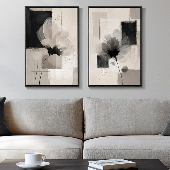 Framed Neutral Abstract Floral Wall Art for Bedroom, Set of 2 Black and Beige Minimalist Canvas Prints Paintings Artwork for Walls, Modern Elegant Pictures for Living Room Dining Room Wall Decor 16x24 In by Cuspin