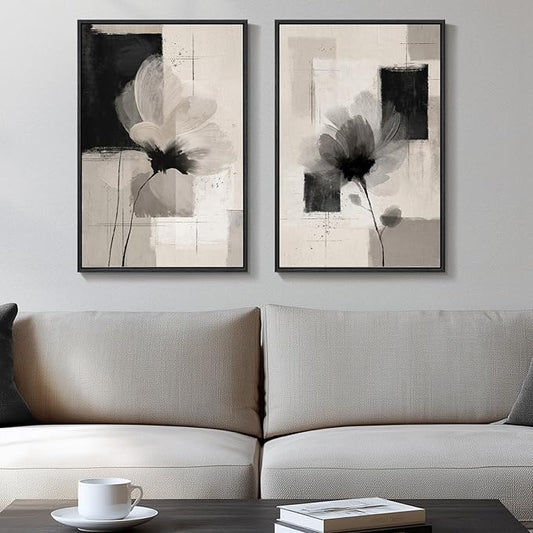 Framed Neutral Abstract Floral Wall Art for Bedroom, Set of 2 Black and Beige Minimalist Canvas Prints Paintings Artwork for Walls, Modern Elegant Pictures for Living Room Dining Room Wall Decor 16x24 In by Cuspin