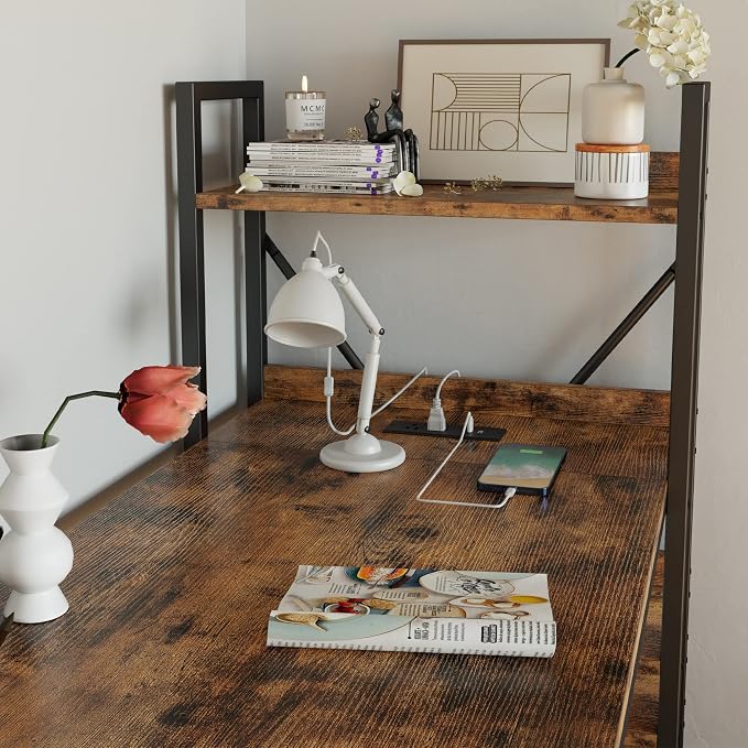 IRONCK Computer Desk 55" with Power Outlet and Storage Shelves,Rustic Brown | Study Writing Table with USB Ports Charging Station, PC Desk Workstation for Home Office - Image 7