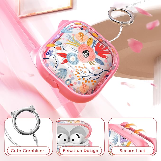 for AirPods 4 Case with Cleaning Kit, Cute Cat Ear Print Design & Cute Buckle, Inverted Phone Holder Design, Top Safe Lock Buckle Design, for Girls AirPods 4 case 2024,Clear Flowers - Image 5